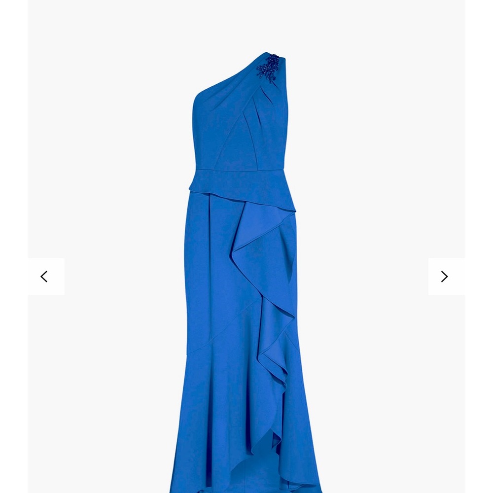 Adrianna Papell
One-Shoulder Beaded Ruffled Gown- Ocean Blue